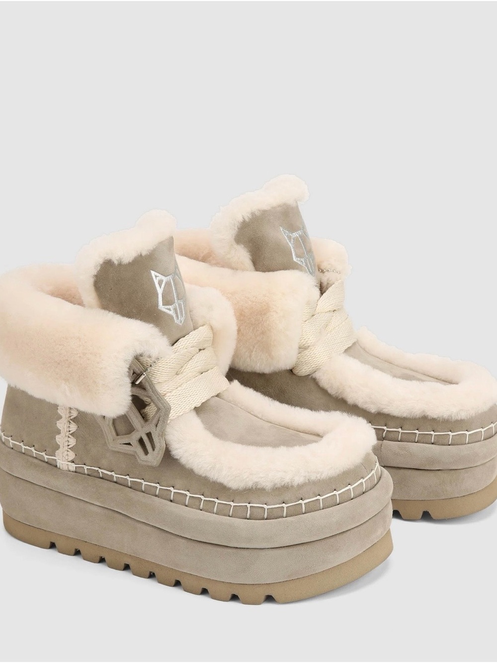 Naked Wolfe Taupe Shearling-Trim Platform Mules
